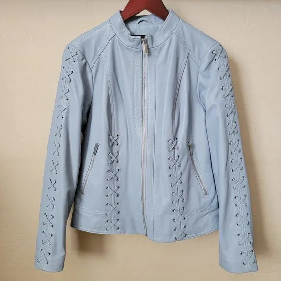 Neiman Marcus Light Blue Leather Lace-Up Moto Leather Jacket - Picture 2 of 16